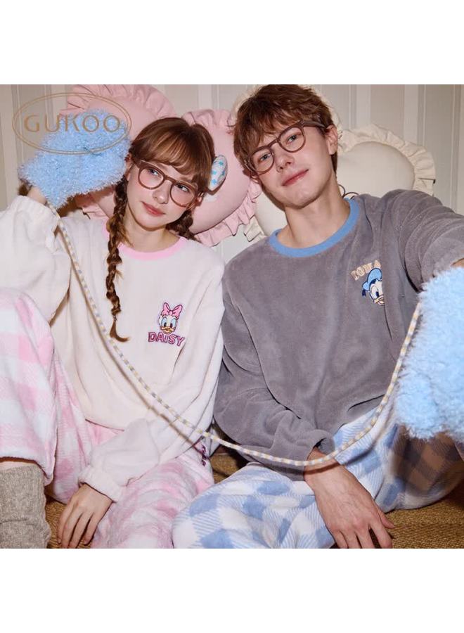 Gukoo Couples Winter Disney Warm Comfortable Crew Neck Plaid Pants Homewear Set For Women And Men Peach Pink L - Image 1