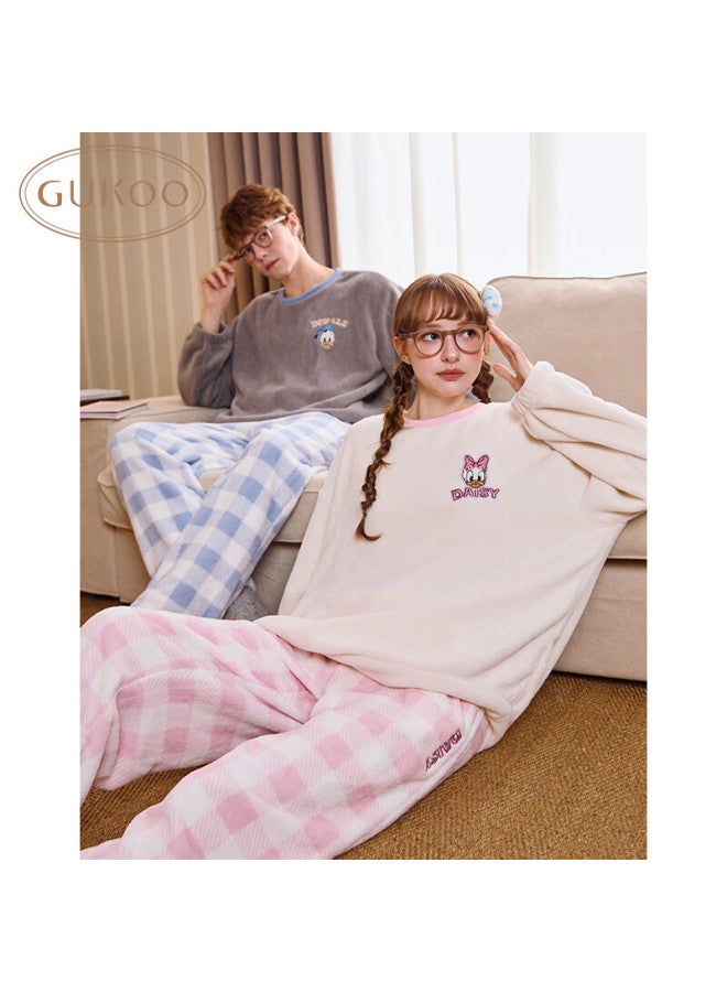 Gukoo Couples Winter Disney Warm Comfortable Crew Neck Plaid Pants Homewear Set For Women And Men Peach Pink L - Image 3