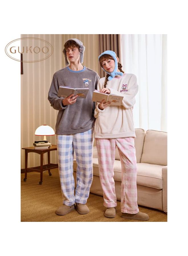 Gukoo Couples Winter Disney Warm Comfortable Crew Neck Plaid Pants Homewear Set For Women And Men Peach Pink L - Image 2