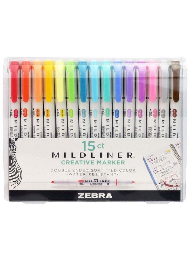 Zebra Pen - Mildliner Double Ended Highlighter Set, Chisel And Bullet Tips, Assorted Ink Colors, 15-Pack - Image 1