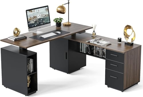 FEZIBO 63 L Shaped Executive Standing Desk with File Cabinet Electric Height Adjustable Black Walnut
