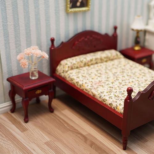 Cutemini Miniature Furniture Dollhouse Wooden Fabric Bed with Mattress Pillow 1 12 Scale Furniture Dollhouse Decoration Accessories Red - Image 5