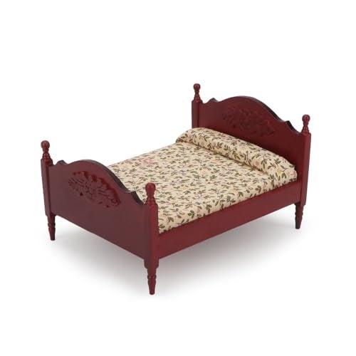 Cutemini Miniature Furniture Dollhouse Wooden Fabric Bed with Mattress Pillow 1 12 Scale Furniture Dollhouse Decoration Accessories Red - Image 1