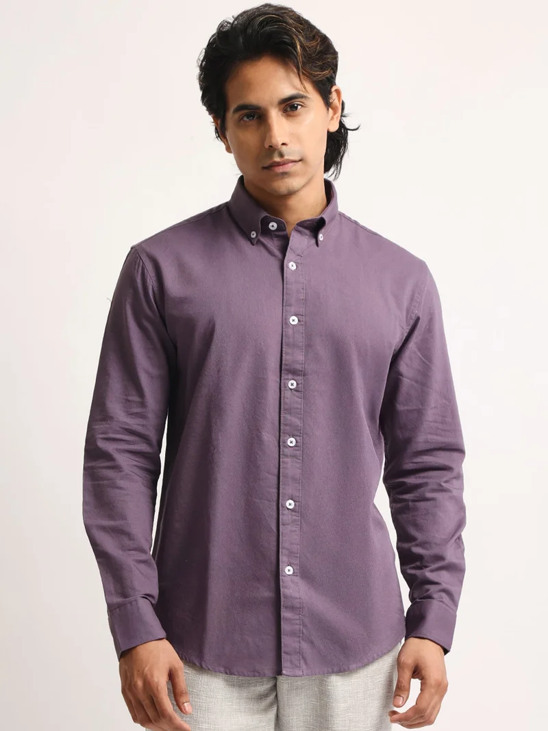 مانياك Maniac Mens Solid Collared Neck Full Sleeve Oxford Linen Blend Fabric Purple Shirt