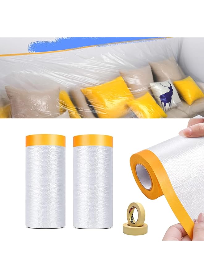 PROMASS 2 Roll Tape and Drape, Pre-Taped Masking Film Painters Plastic Sheeting Roll,Waterproof Dust-Proof Protective Masking Film,Prevent Dust Paint Cover for Car,Furniture,Carpet,Floor,Bed (1.8 * 20M)  - Image 1