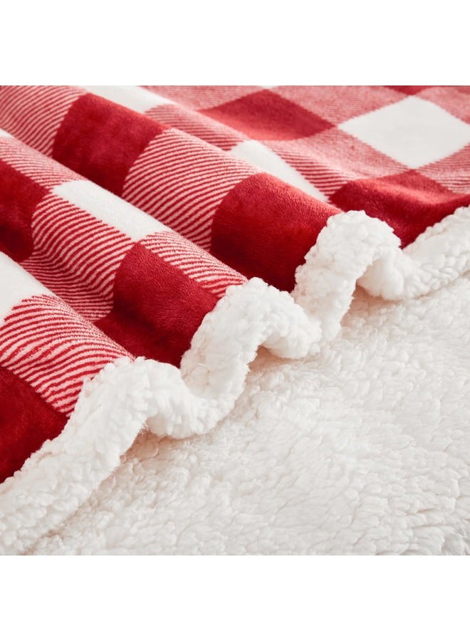 Touchat Sherpa Red and White Buffalo Plaid Christmas Throw Blanket, Fuzzy Fluffy Soft Cozy Blanket, Fleece Flannel Plush Microfiber Blanket for Couch Bed Sofa (60" X 70", Red and White)… - Image 3