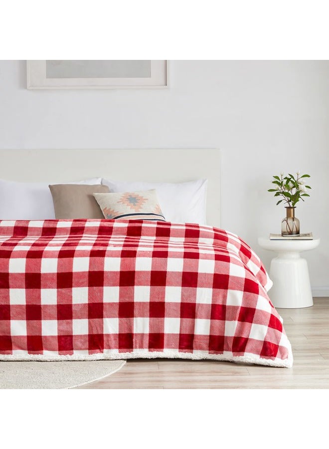 Touchat Sherpa Red and White Buffalo Plaid Christmas Throw Blanket, Fuzzy Fluffy Soft Cozy Blanket, Fleece Flannel Plush Microfiber Blanket for Couch Bed Sofa (60" X 70", Red and White)… - Image 4