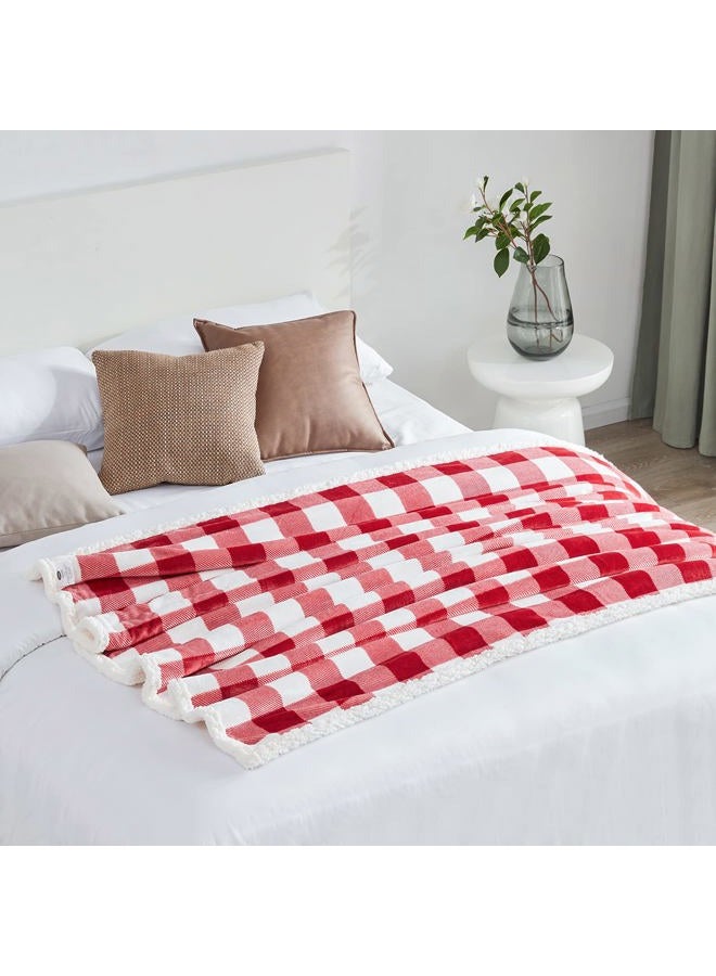 Touchat Sherpa Red and White Buffalo Plaid Christmas Throw Blanket, Fuzzy Fluffy Soft Cozy Blanket, Fleece Flannel Plush Microfiber Blanket for Couch Bed Sofa (60" X 70", Red and White)… - Image 5