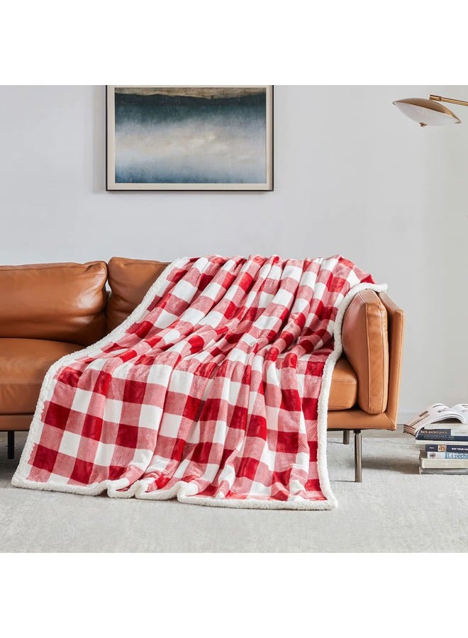 Touchat Sherpa Red and White Buffalo Plaid Christmas Throw Blanket, Fuzzy Fluffy Soft Cozy Blanket, Fleece Flannel Plush Microfiber Blanket for Couch Bed Sofa (60" X 70", Red and White)… - Image 2