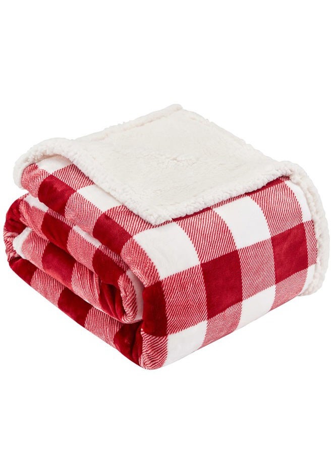 Touchat Sherpa Red and White Buffalo Plaid Christmas Throw Blanket, Fuzzy Fluffy Soft Cozy Blanket, Fleece Flannel Plush Microfiber Blanket for Couch Bed Sofa (60" X 70", Red and White)… - Image 1