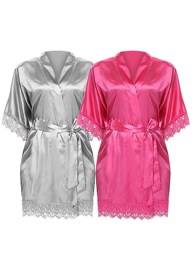 MARGOUN 2 Pack XL Size Women Satin Robe Belted Silky Robe Sleepwear Bridal Robe Kimono Lace Sleeve Nightgown /XL(bust:88-92/waist:72-76) - Image 3