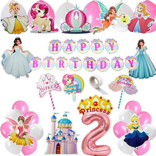 FI - FLICK IN 49 pcs 2nd Birthday Decoration for Girls Car Castle Cutouts Metallic Balloons Princess Second Birthday Decorations Girl Number 2 Foil Balloon (Pack of 49, Pink) - Image 1