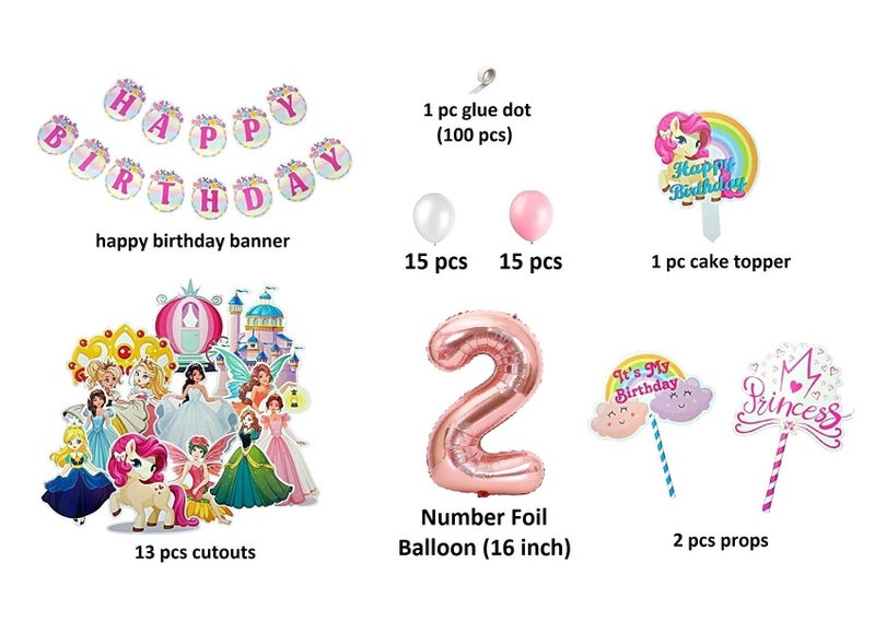 FI - FLICK IN 49 pcs 2nd Birthday Decoration for Girls Car Castle Cutouts Metallic Balloons Princess Second Birthday Decorations Girl Number 2 Foil Balloon (Pack of 49, Pink) - Image 2