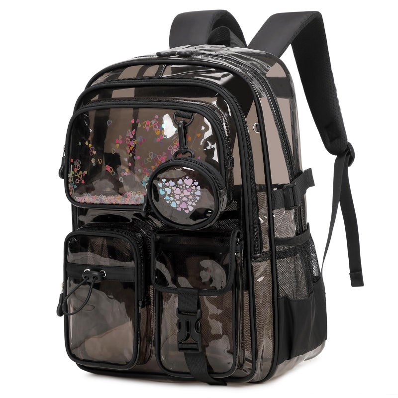 ASKSKY Clear Backpacks for Stadium Events Heavy Duty Clear Bookbag for School Girls Transparent Back Pack, Black Semitransparent - Image 1