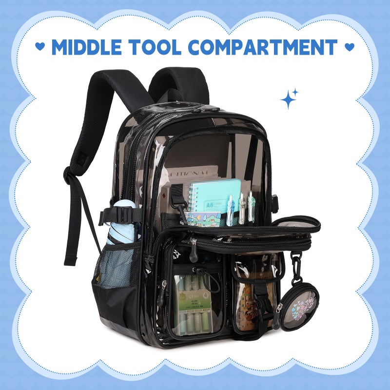 ASKSKY Clear Backpacks for Stadium Events Heavy Duty Clear Bookbag for School Girls Transparent Back Pack, Black Semitransparent - Image 3