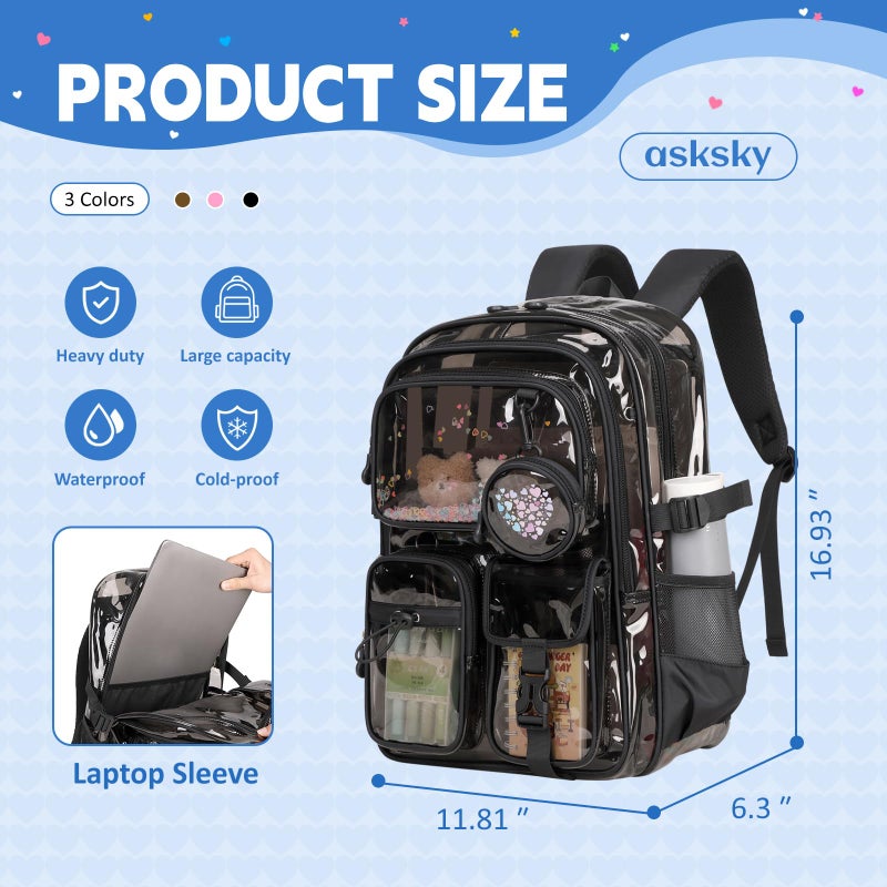 ASKSKY Clear Backpacks for Stadium Events Heavy Duty Clear Bookbag for School Girls Transparent Back Pack, Black Semitransparent - Image 4