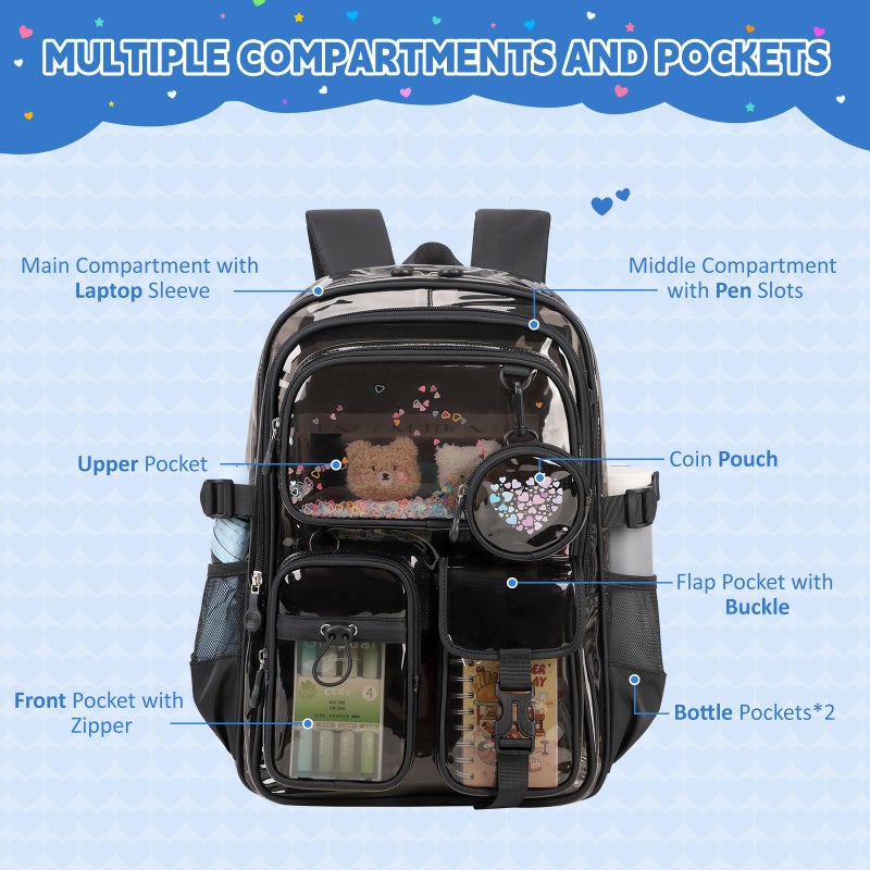 ASKSKY Clear Backpacks for Stadium Events Heavy Duty Clear Bookbag for School Girls Transparent Back Pack, Black Semitransparent - Image 5