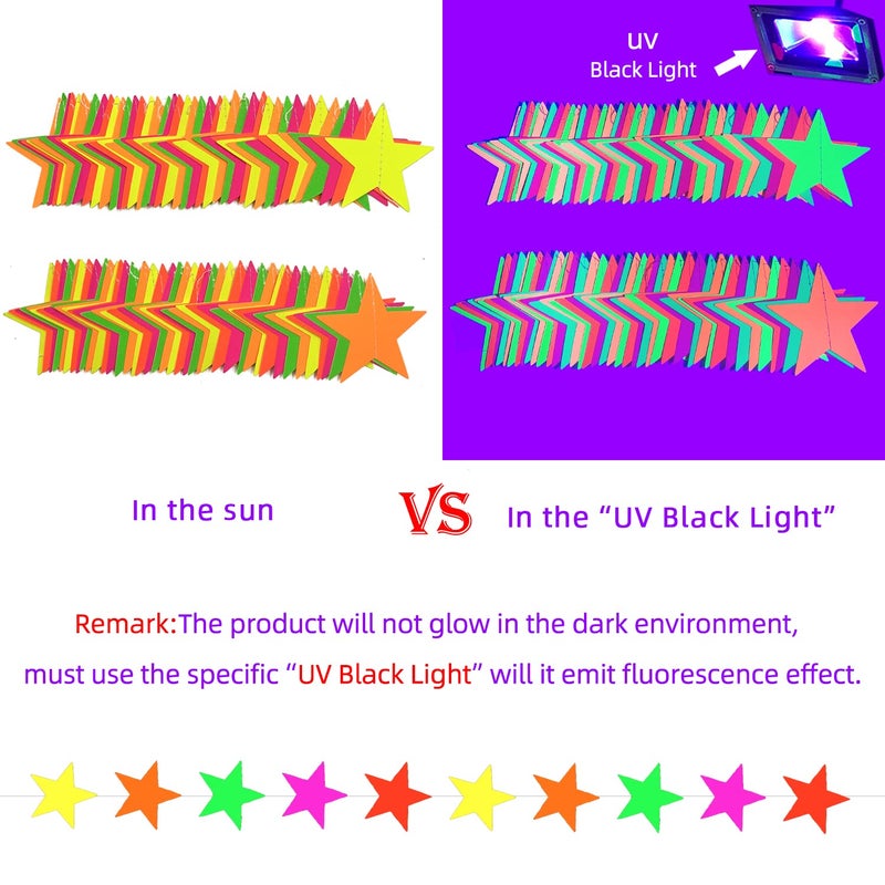 WELITTCON 110feet UV Star Paper Neon Garland Streamers Black Light Decorations for Dark Glow Party UV Reactive Party Favors Glow in The Dark Supplies Wedding Birthday Banners - Image 4