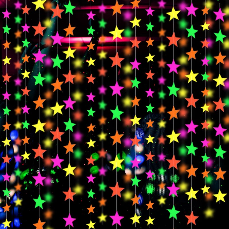 WELITTCON 110feet UV Star Paper Neon Garland Streamers Black Light Decorations for Dark Glow Party UV Reactive Party Favors Glow in The Dark Supplies Wedding Birthday Banners - Image 1