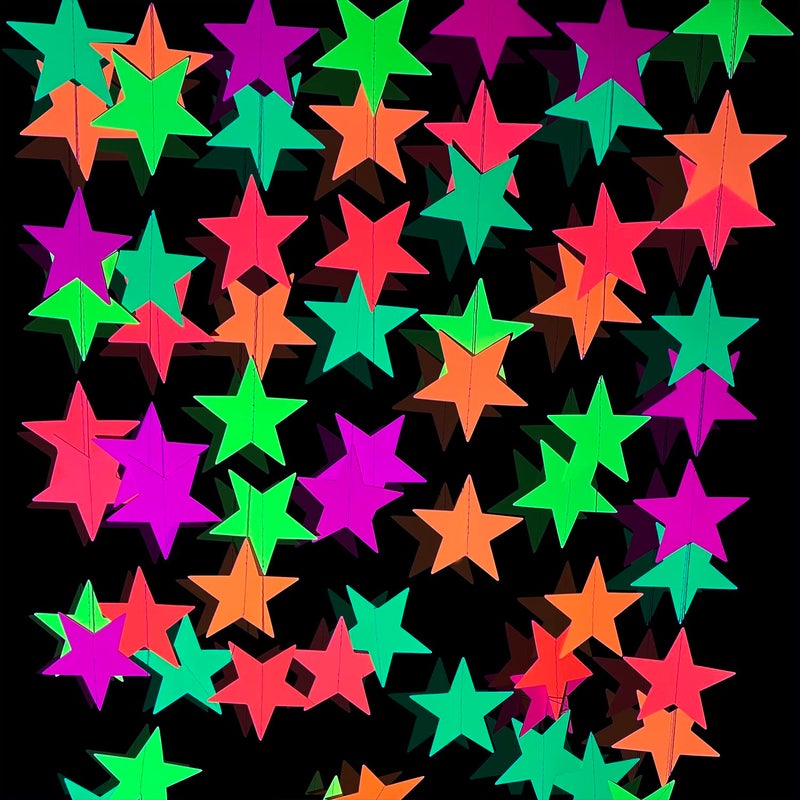 WELITTCON 110feet UV Star Paper Neon Garland Streamers Black Light Decorations for Dark Glow Party UV Reactive Party Favors Glow in The Dark Supplies Wedding Birthday Banners - Image 3