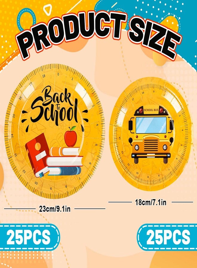 Whaline 50Pcs Back to School Paper Plates Scales Book School Bus Prints Round Disposable Plates 9Inch & 7Inch Yellow Decorative Tableware for First Day of School Party Supplies Table Decorations - Image 2