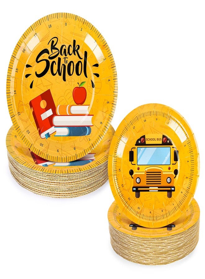 Whaline 50Pcs Back to School Paper Plates Scales Book School Bus Prints Round Disposable Plates 9Inch & 7Inch Yellow Decorative Tableware for First Day of School Party Supplies Table Decorations - Image 1