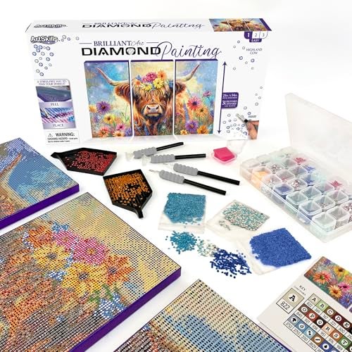 ArtSkills Diamond Painting Kit, Diamond Art Ready to Hang Framed Canvas with Storage and Accessory Kit, Highland Cow, 3 Stretched Canvas Panels, 14” x 7” Each - Image 1