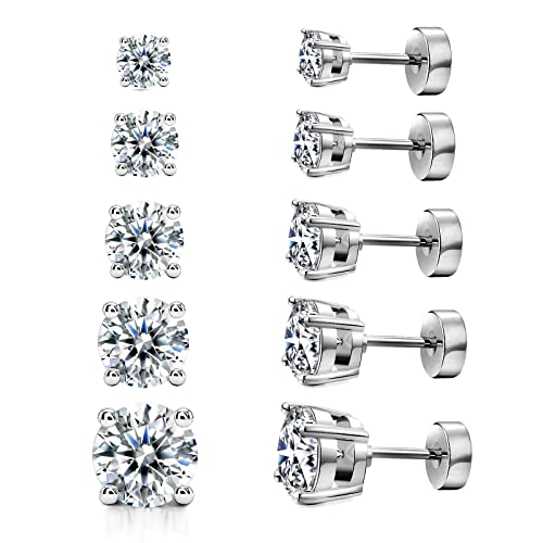 Kainier 5 Pairs 14K White Gold Plated CZ Stud Earrings Flat Back Earrings Simulated Diamond Round Surgical Steel Cubic Zirconia Hypoallergenic Flat Back Ear Stud Set（5 Pairs) - Image 1