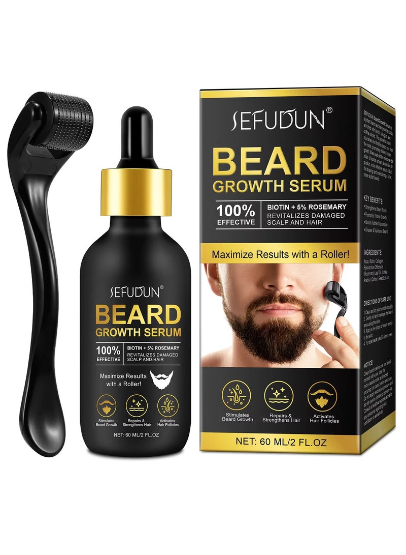 Sefudun 60ml Beard Growth Serum with Microneedle Roller Biotin + 5% Rosemary Beard Growth Oil with 0.25mm Micro Needle Roller Beard Growth Biotin Serum for Thicker Fuller Beard Growth Kit Beard Oil  - Image 1