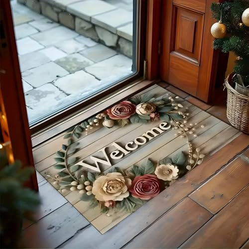 Roslen Bathroom Door Mats Non Slip Waterproof Floral Welcome Doormat for Home Entrance, Durable Front Porch Rug for Entryway, Bathroom, Balcony, Garden, Patio, Washable Mat - Image 1