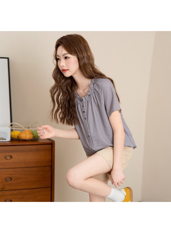 Jeanswest Retro Striped Ruffle Babydoll Short Sleeve Top - Sweet, Youthful, Loose Fit, Flattering, Comfortable, Casual & Versatile Blouse - Image 2