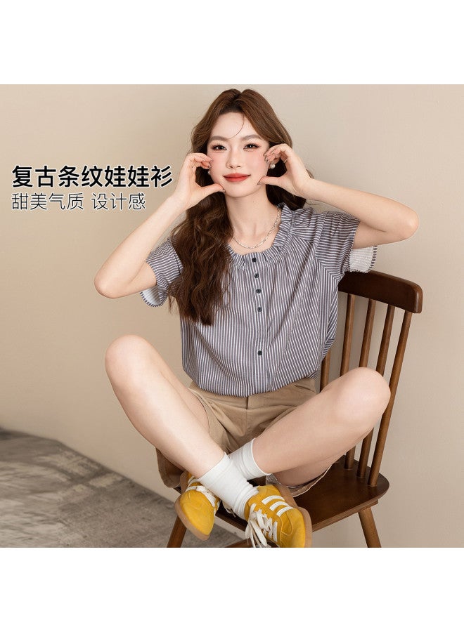 Jeanswest Retro Striped Ruffle Babydoll Short Sleeve Top - Sweet, Youthful, Loose Fit, Flattering, Comfortable, Casual & Versatile Blouse - Image 3