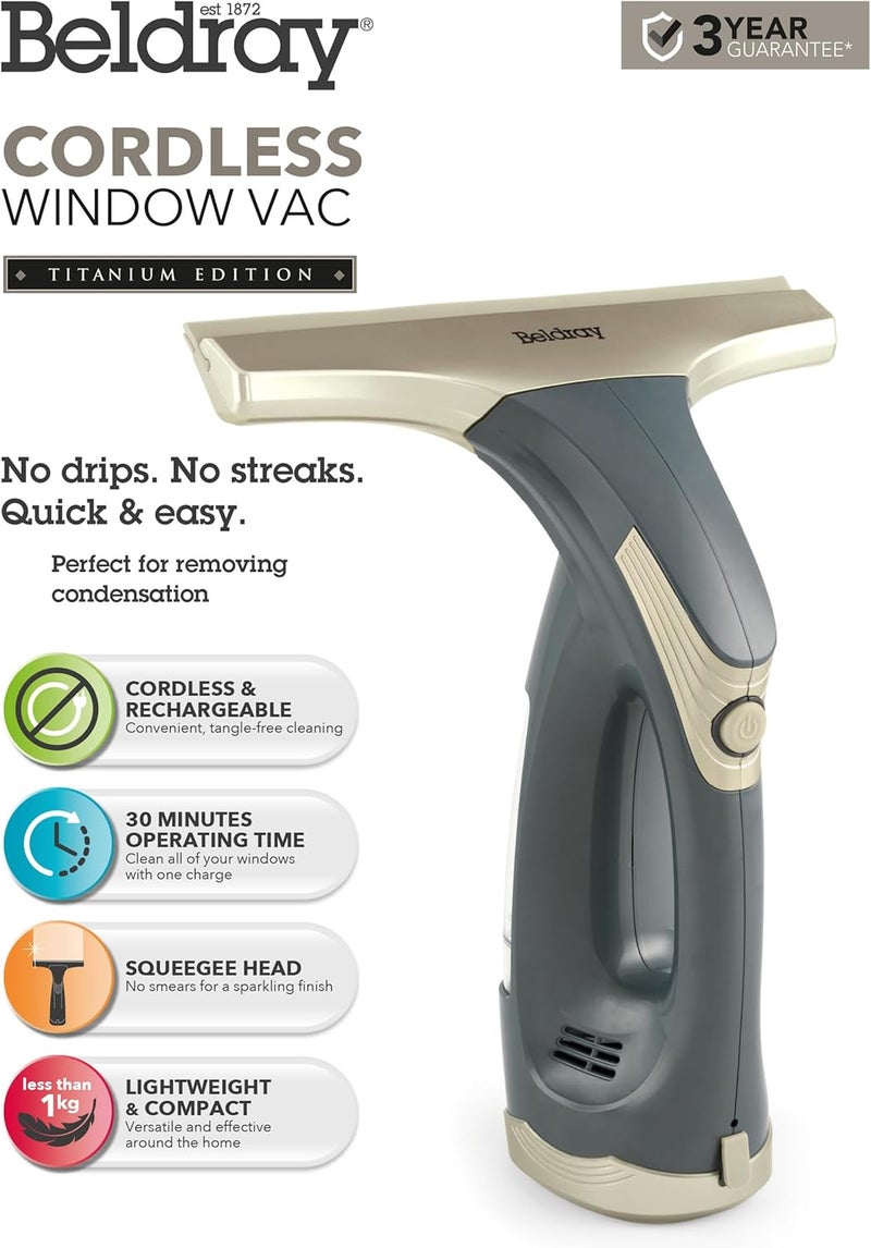 Beldray BEL0749TTVDE Titanium Cordless Window Vacuum - Handheld Window Cleaner with Squeegee Head, 60ml Water Tank, Drip and Streak Free Cleaning, Up to 30 Minutes Operation Time, Rechargeable, - Image 2