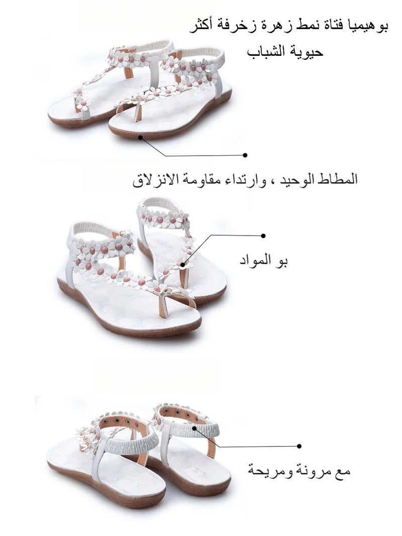 صندل بناتي أبيض بوهيمي زهري مغلق للأصابع، حذاء صيفي يومي من مادة البو مع حزام مرن، هدية مثالية للشاطئ والاستخدام اليومي للبنات - Image 3