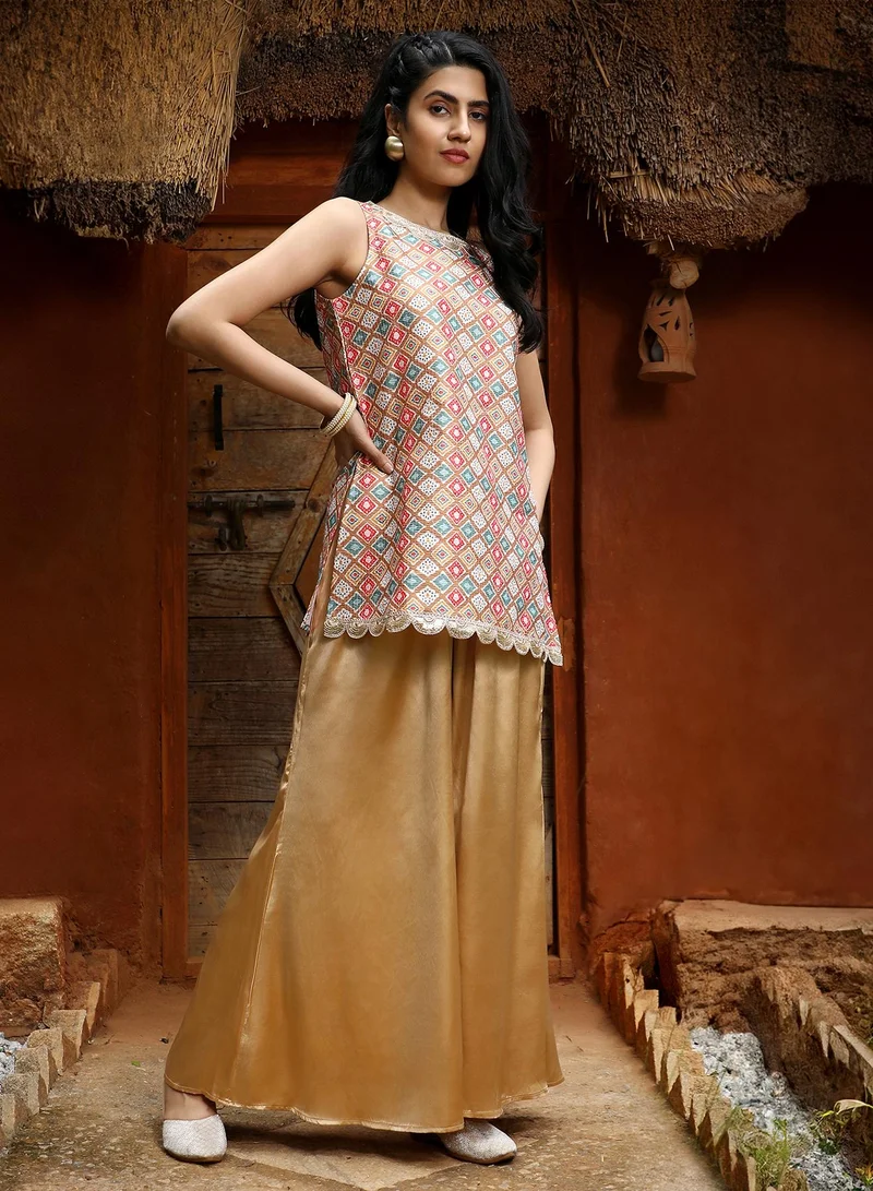 QISSA Women's Tan Brown Geometric Kurti With Palazzo