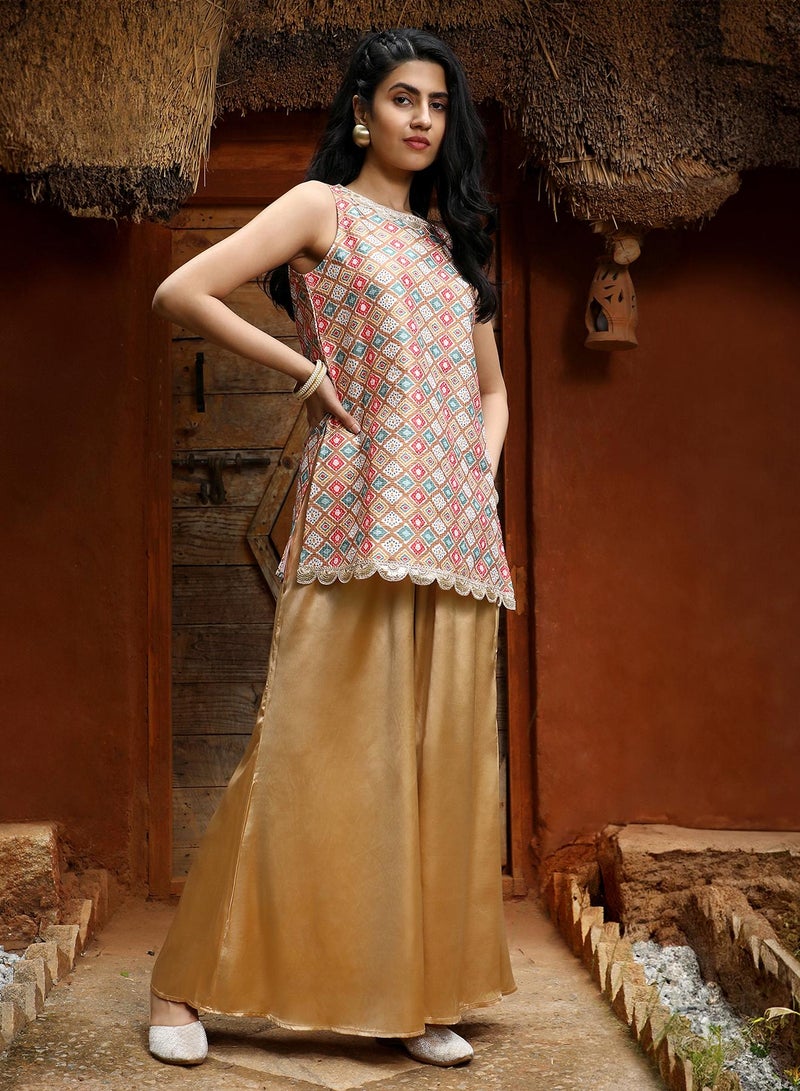  قصة Women's Tan Brown Geometric Kurti With Palazzo  - Image 3
