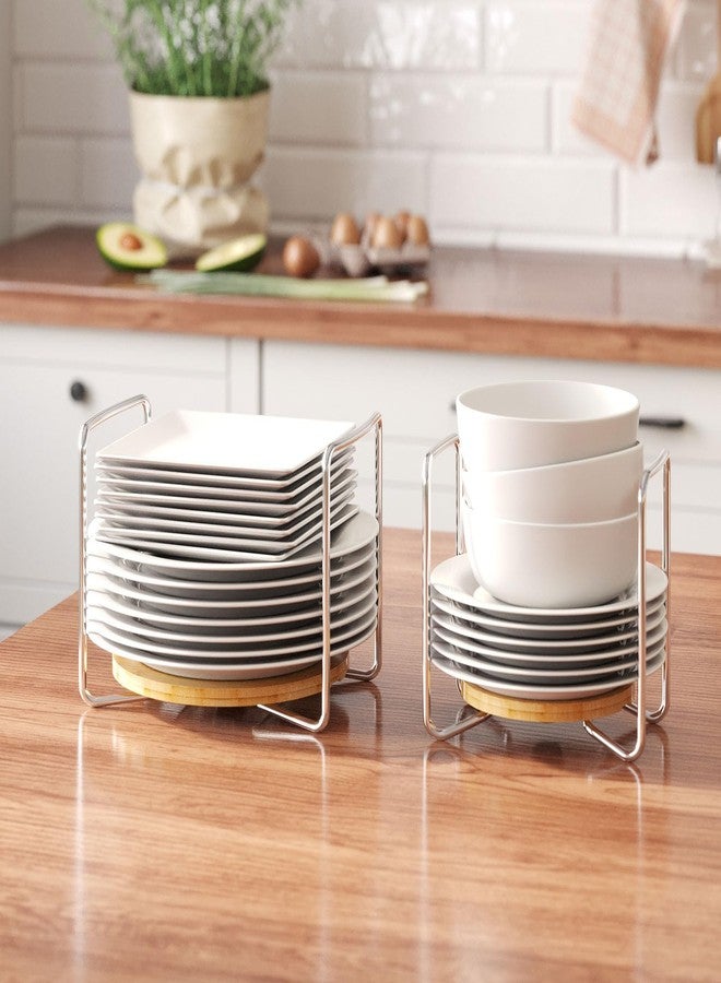 Wisuce Essentials Dish Rack for Kitchen Countertop Organizer - Bamboo Plate Organizer for Cabinet Space Saver, Adjustable Stainless Steel 304 Plate and Bowl Holder with Portable Handle for Drawer Cupboard Shelf RV - Image 1