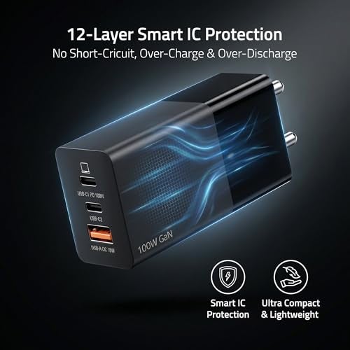 Artis 100 Watt GaN Laptop Adapter with 5 Ampere,1 Meter E-Mark Cable Included. PD+PPS 2xUSB-C Ports & QC USB-A Technology Power Adapter. Universal Compatibility for Laptops, Tablets & Smartphones. - Image 5