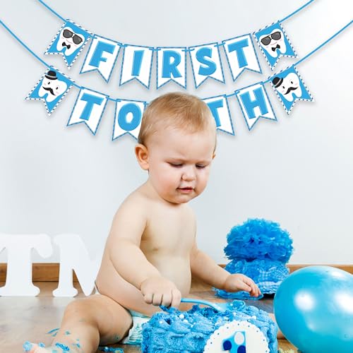 WOBBOX First Tooth Blue 13 Pcs Party Props with First Tooth Bunting Banner, Blue Colour Stylish Font & Balloons & Foil Curtain, First Tooth Decoration - Image 5