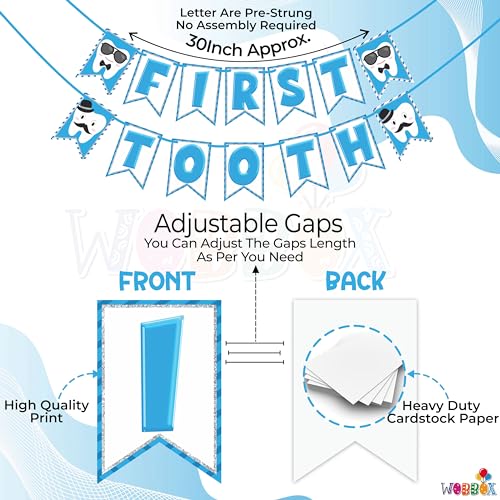 WOBBOX First Tooth Blue 13 Pcs Party Props with First Tooth Bunting Banner, Blue Colour Stylish Font & Balloons & Foil Curtain, First Tooth Decoration - Image 3