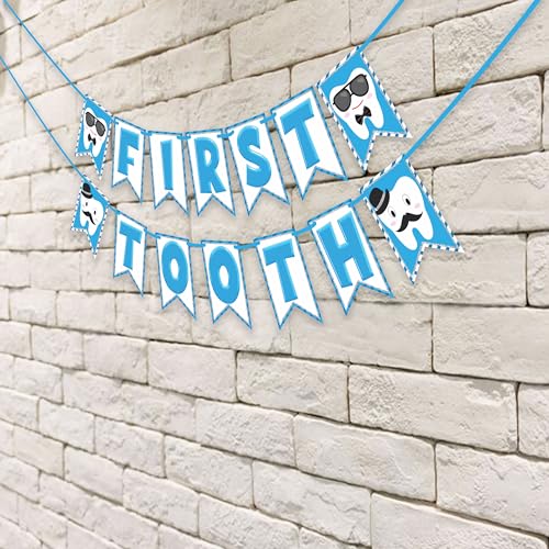 WOBBOX First Tooth Blue 13 Pcs Party Props with First Tooth Bunting Banner, Blue Colour Stylish Font & Balloons & Foil Curtain, First Tooth Decoration - Image 4