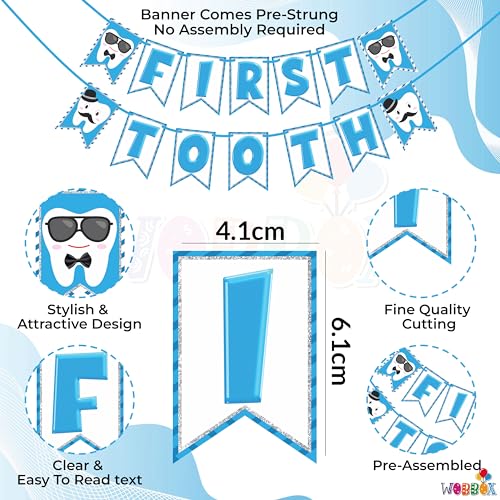 WOBBOX First Tooth Blue 13 Pcs Party Props with First Tooth Bunting Banner, Blue Colour Stylish Font & Balloons & Foil Curtain, First Tooth Decoration - Image 2