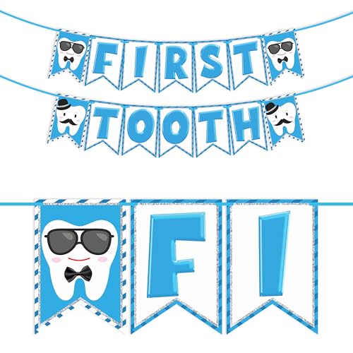 WOBBOX First Tooth Blue 13 Pcs Party Props with First Tooth Bunting Banner, Blue Colour Stylish Font & Balloons & Foil Curtain, First Tooth Decoration - Image 1