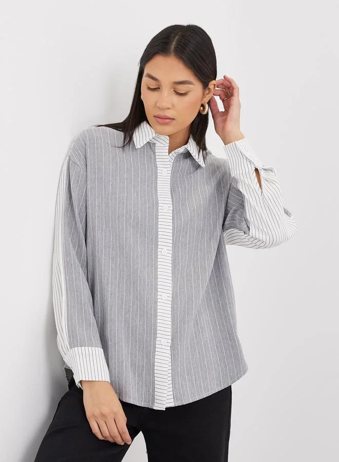 ستايلي Styli Striped Grey Shirt with Spread Collar