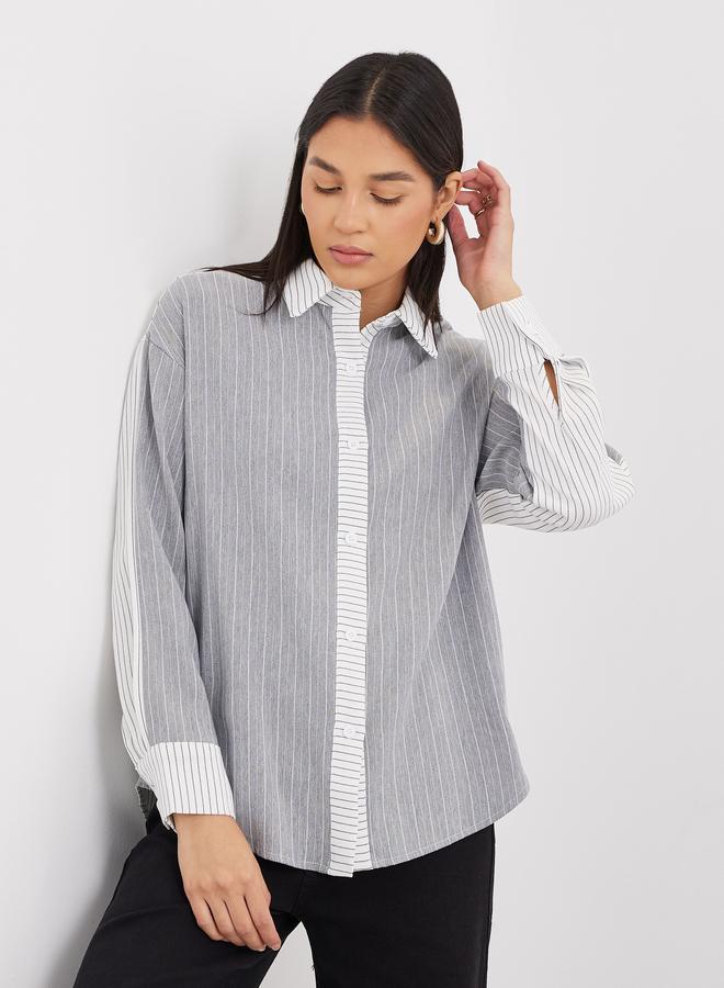 Styli Striped Grey Shirt with Spread Collar - Image 2