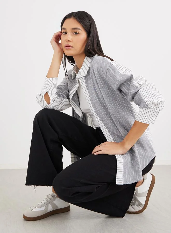 ستايلي Styli Striped Grey Shirt with Spread Collar