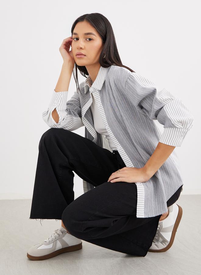 Styli Striped Grey Shirt with Spread Collar - Image 1