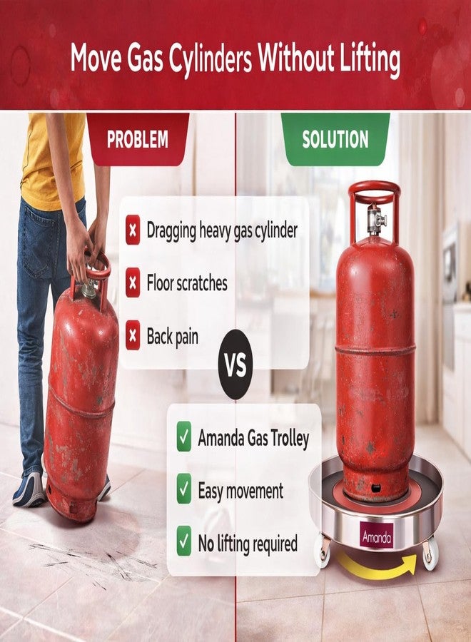 Amanda Stainless Steel Light LPG Gas Trolley with 4 Wheels |LPG Cylinder Stand with Rubber Protection| Contains 1 Unit - Image 2