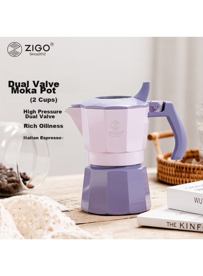 Zigo Dual-valve Moka Pot Coffee Maker For Home Use, Italian-style Coffee Pot , Dual-valve 2-cup Capacity, Long Flower Blue - Image 1