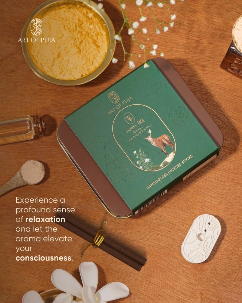 ART OF PUJA Kasturi Dhoop Sticks-27 Premium Musk Bambooless Sticks | ~1 Hr Burn, 2+ Hr Fragrance Retention | Low Smoke | Free Dhoop Holder | Reusable Tin - Image 4